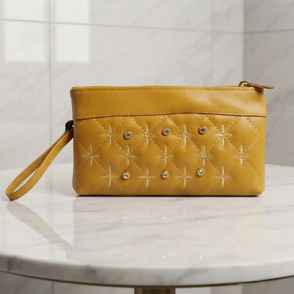 Elegant Mustard Embroidered PU Leather Hand clutch Mobile Size With Wrist Strap