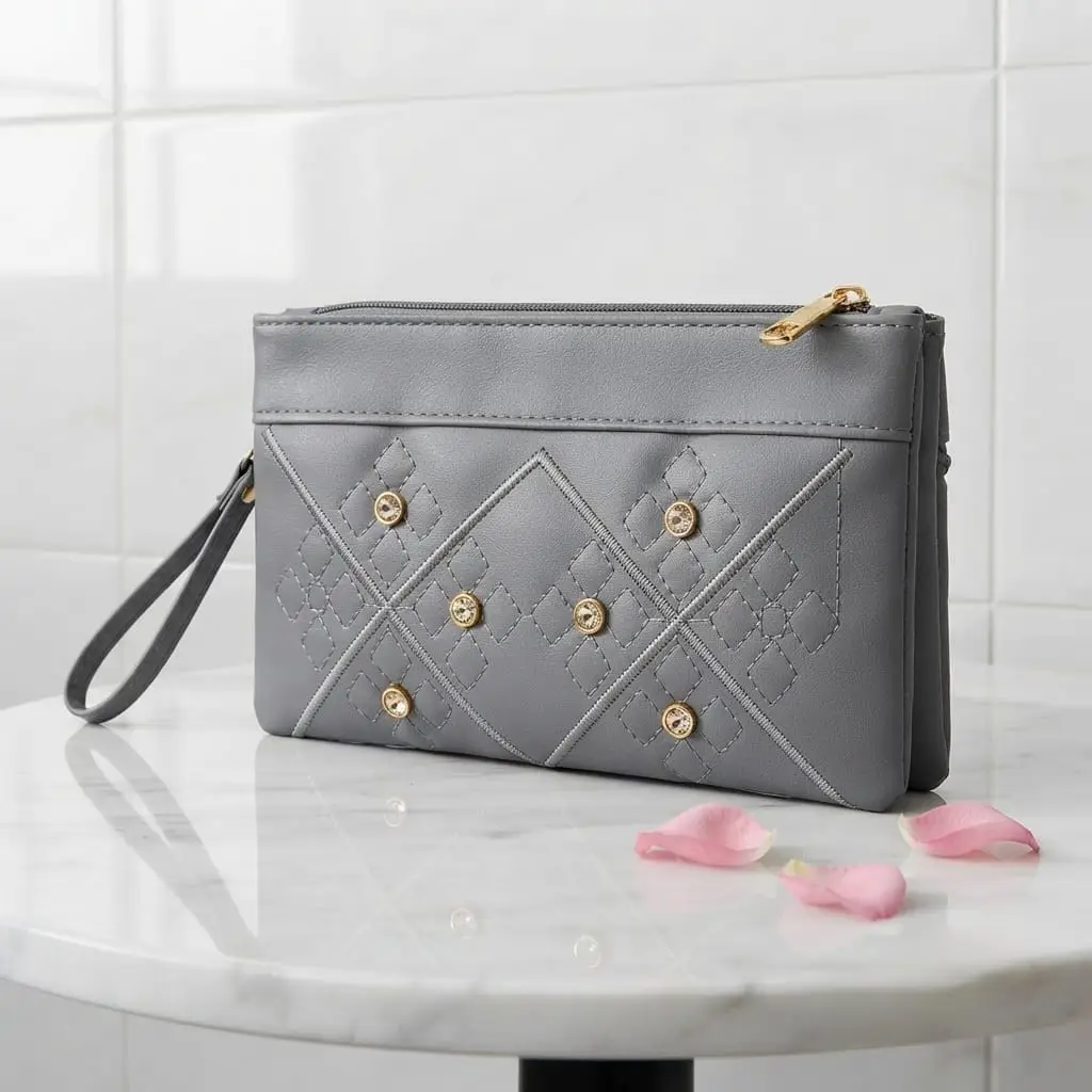 Women's PU Leather Triple Pocket Embroidered Wristlet