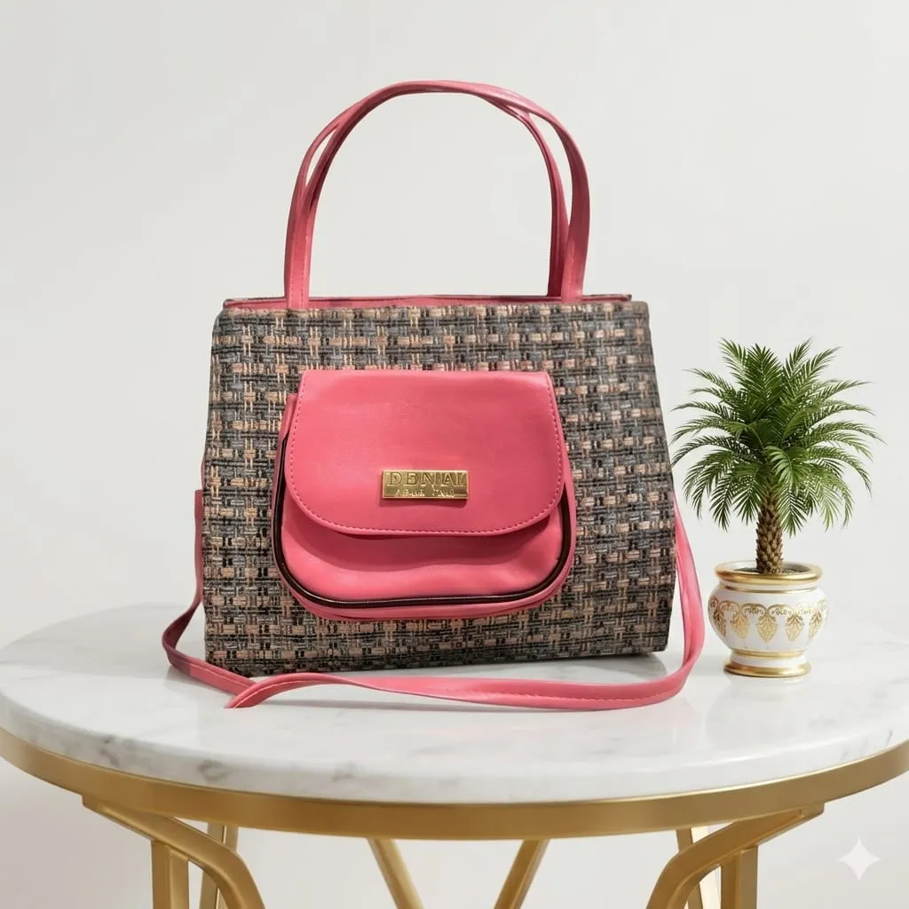Elegant Pink Jute Textured Shoulder Bag with Long Strap