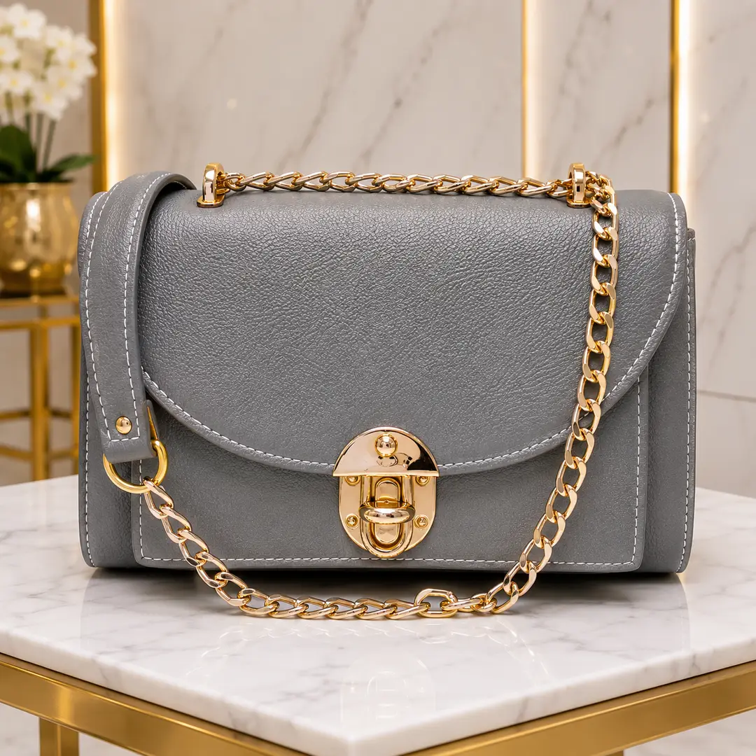 Royal Grey Luxe Shoulder Bag With Long Chain Strap
