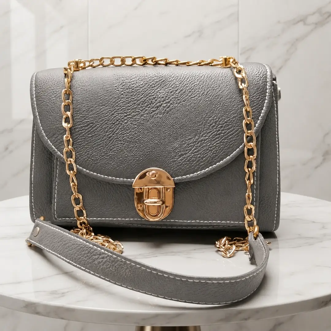 Royal Grey Luxe Shoulder Bag With Long Chain Strap