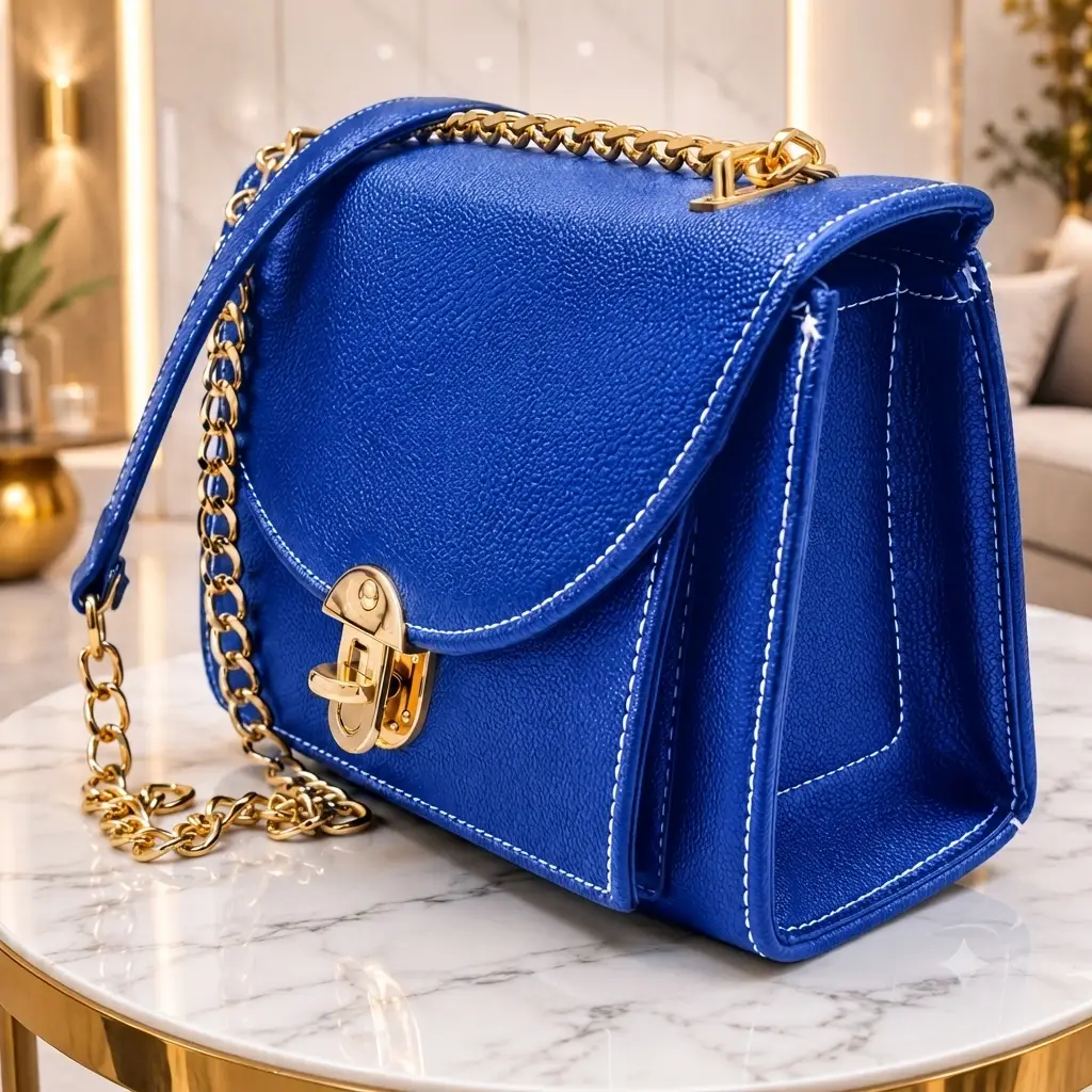 Royal Blue Luxe Shoulder Bag With Long Chain Strap