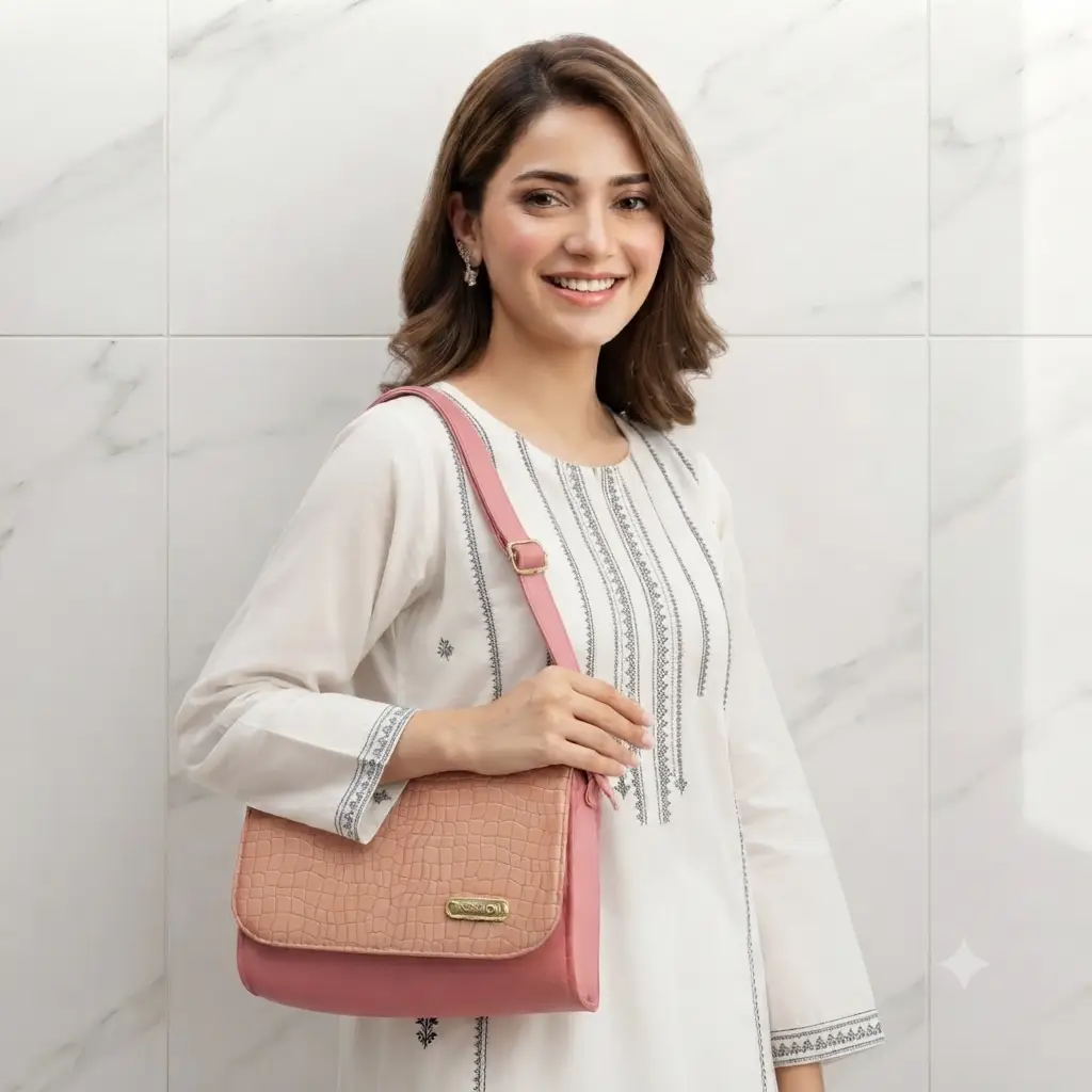 Luxe Croc Flap Shoulder Bag With Long Adjustable Strap Pink Edition