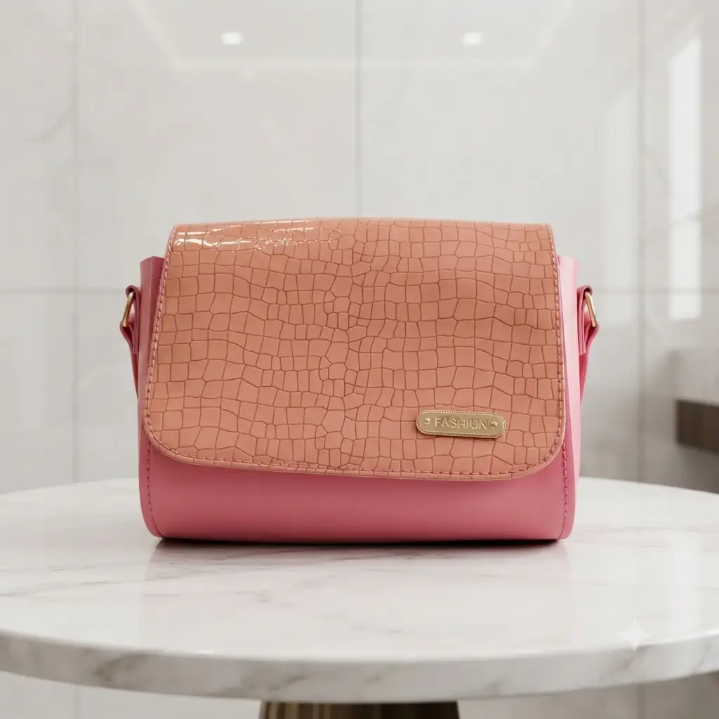 Luxe Croc Flap Shoulder Bag With Long Adjustable Strap Pink Edition