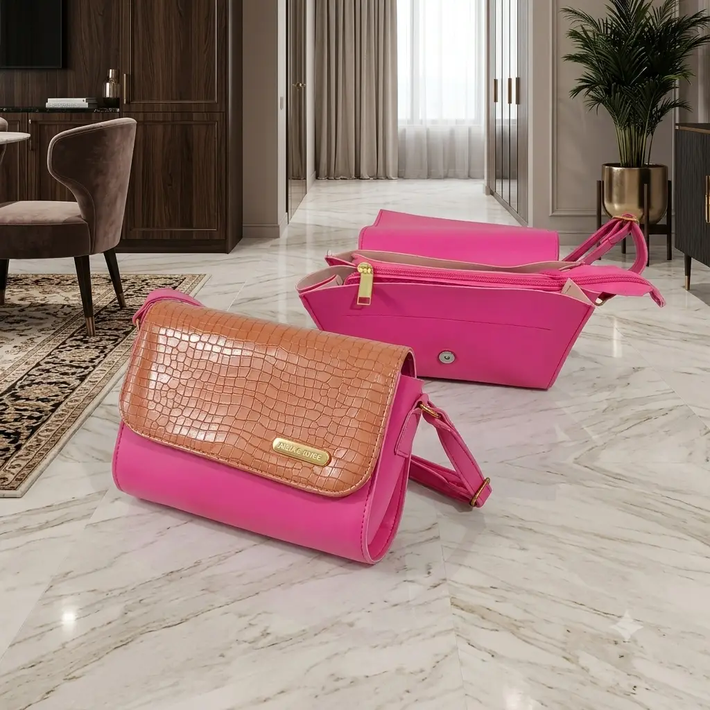 Luxe Croc Flap Shoulder Bag With Long Adjustable Strap Pink Edition