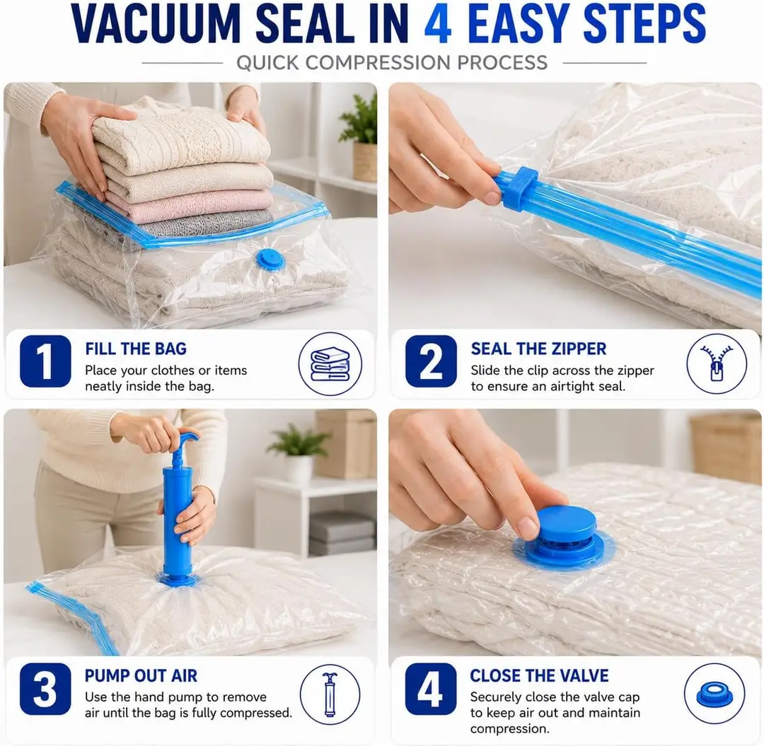 Vacuum Storage Bags with Hand Pump — save up to 80% space.