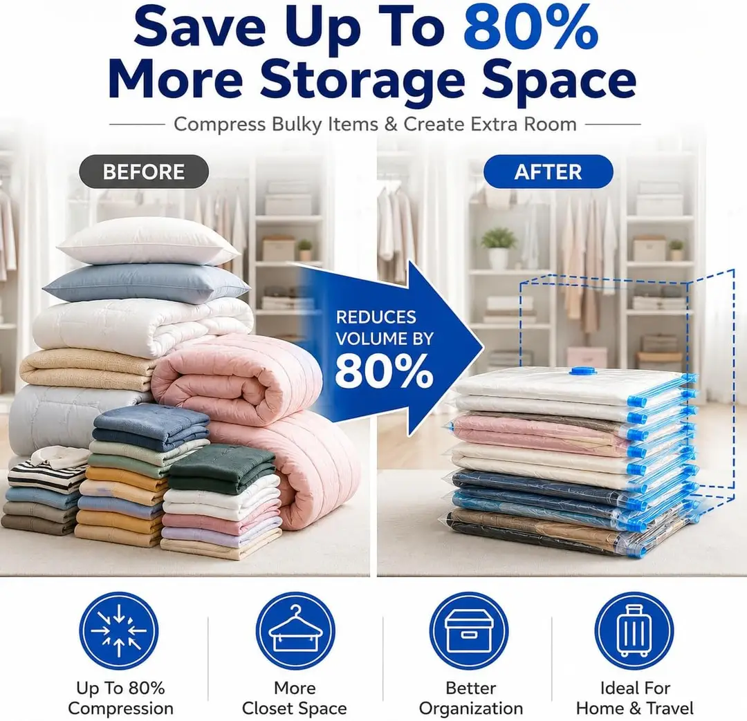 Vacuum Storage Bags with Hand Pump — save up to 80% space.