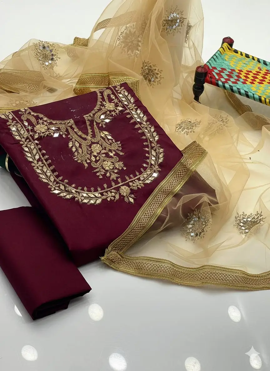 3 Pcs Women's Unstitched Mirror Work Suit