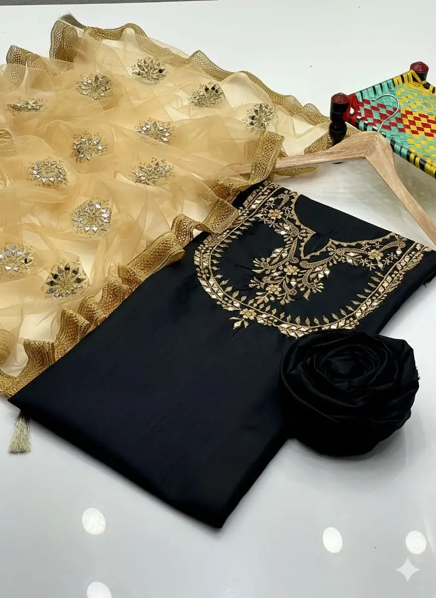 3 Pcs Women's Unstitched Mirror Work Suit