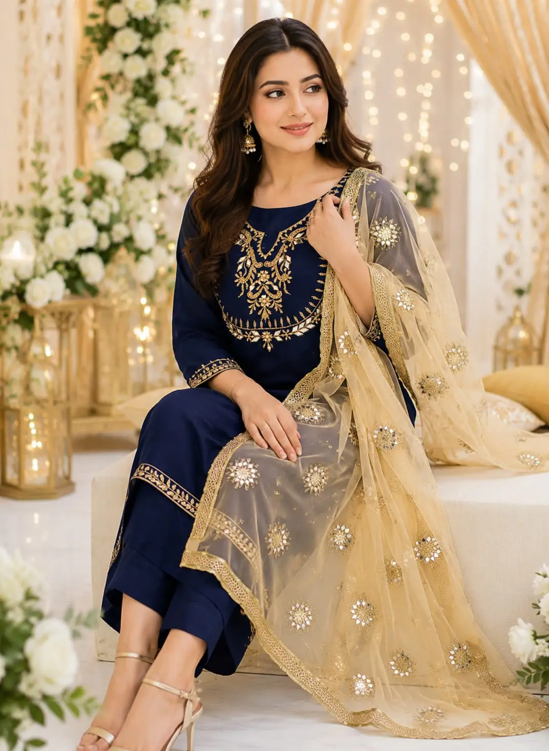3 Pcs Women's Unstitched Mirror Work Suit