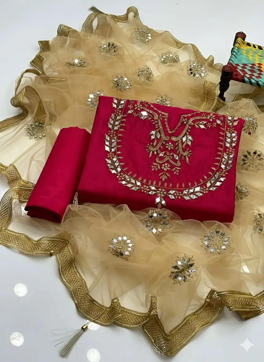 3 Pcs Women's Unstitched Mirror Work Suit