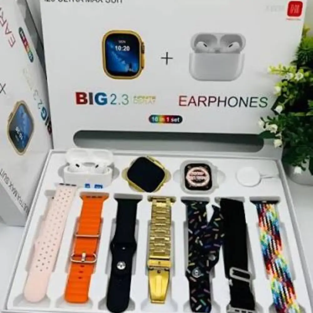 i20 Ultra Max Suit Smartwatch Combo Set 10 in 1– 2.3 Infinite Display Smart Watch, Wireless Earbuds, Protective Case & 7 Interchangeable Straps