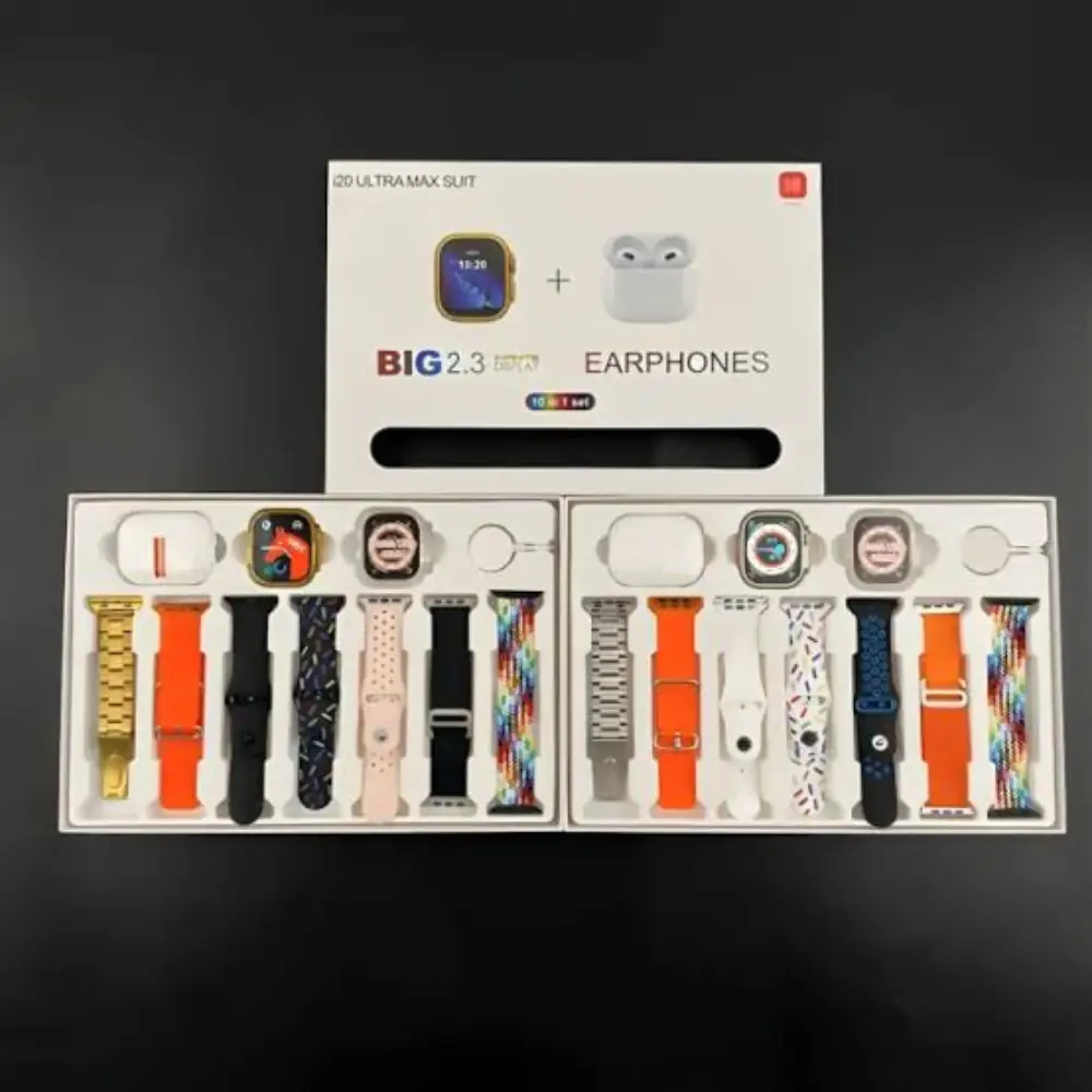 i20 Ultra Max Suit Smartwatch Combo Set  10 in 1– 2.3 Infinite Display Smart Watch, Wireless Earbuds, Protective Case & 7 Interchangeable Straps