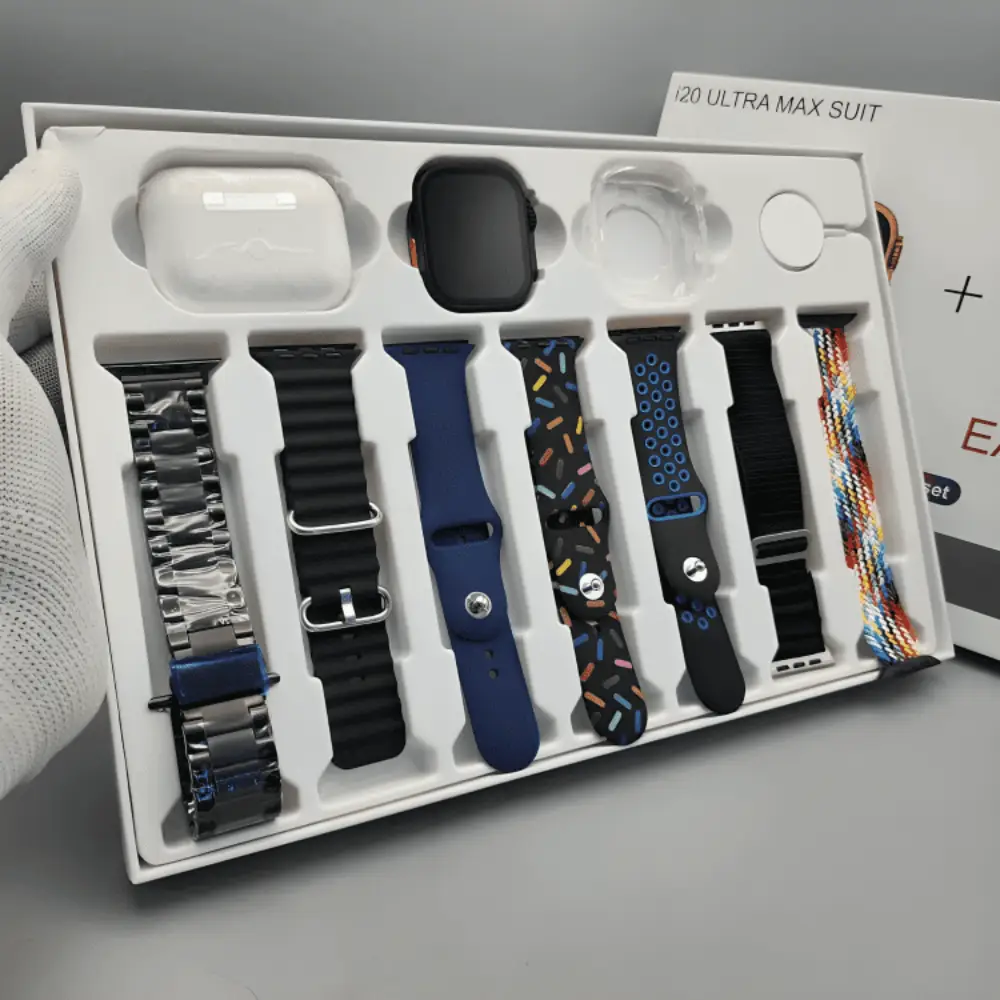 i20 Ultra Max Suit Smartwatch Combo Set  10 in 1– 2.3 Infinite Display Smart Watch, Wireless Earbuds, Protective Case & 7 Interchangeable Straps