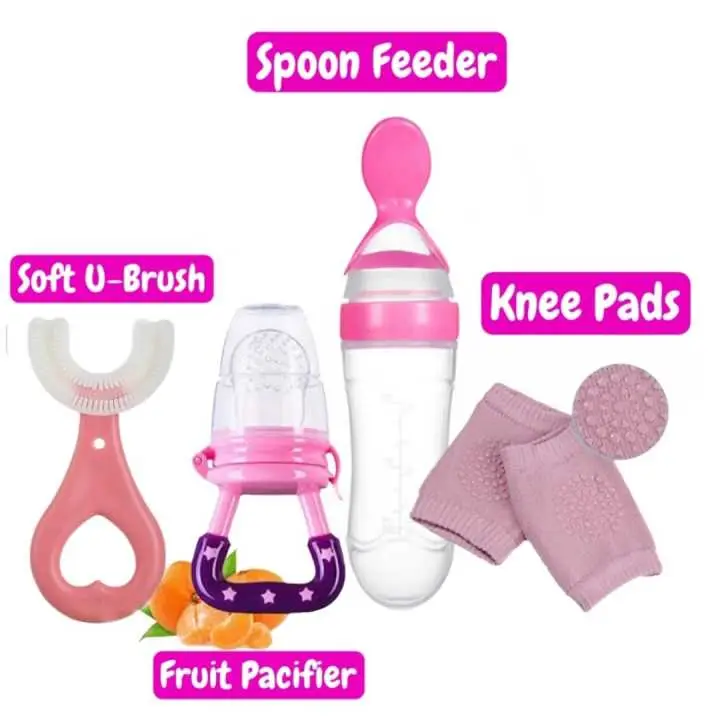 4 in 1 Baby Care Set - Fruit Pacifier, Spoon Feeder, U Shape Brush and Knee Pads