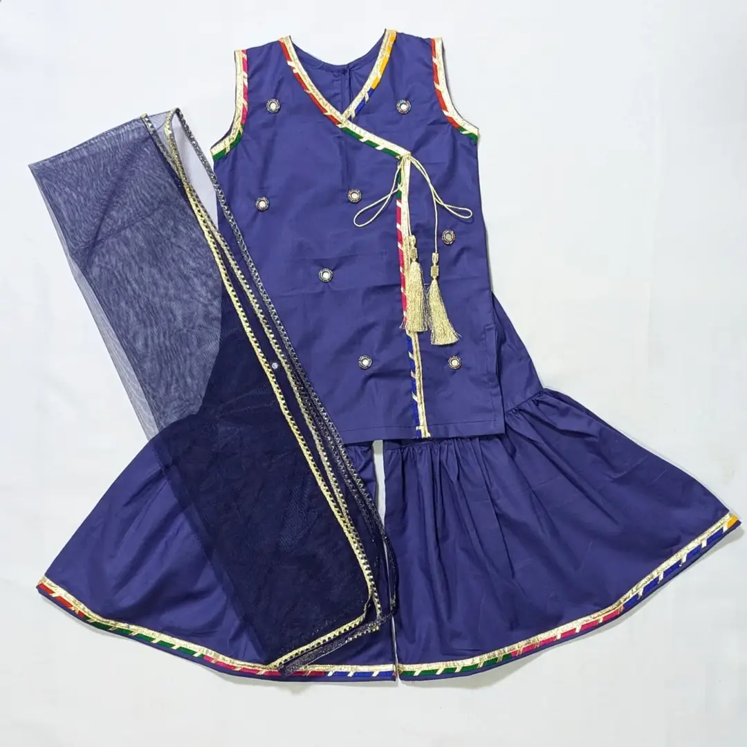 3 Pcs Girl's Cotton Plain Frock And Trouser Set