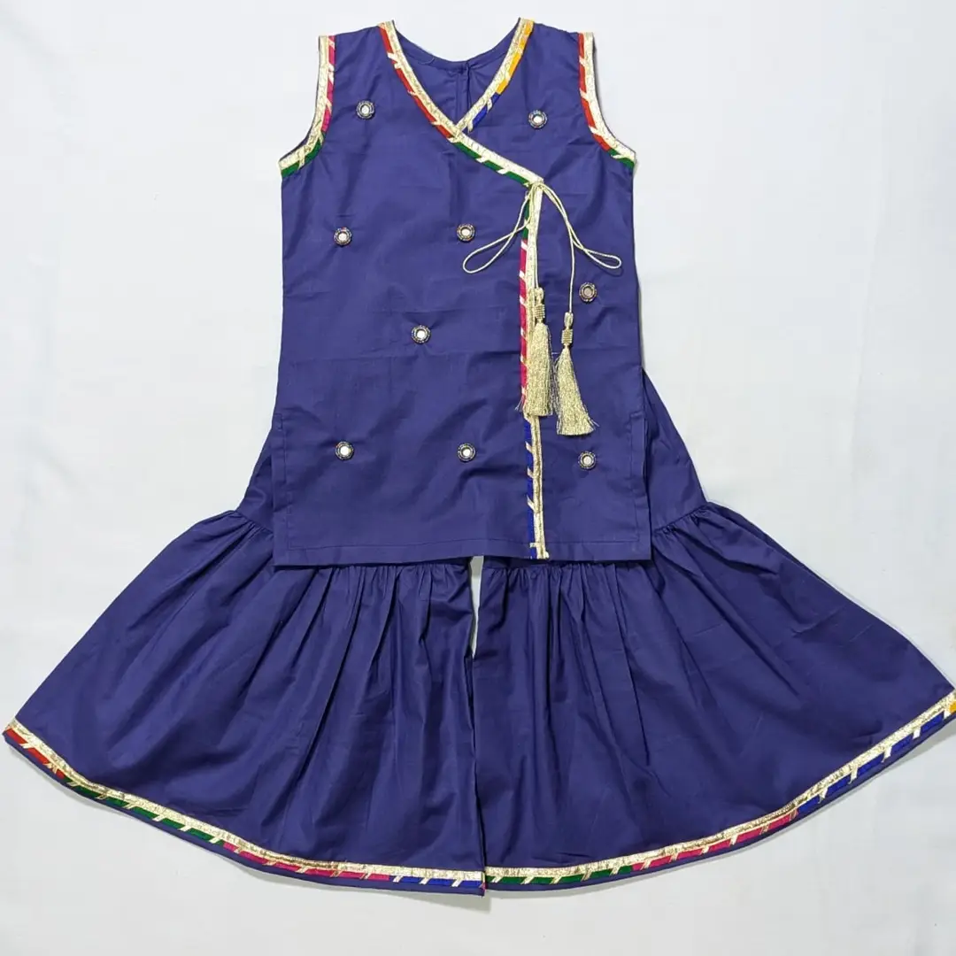 3 Pcs Girl's Cotton Plain Frock And Trouser Set
