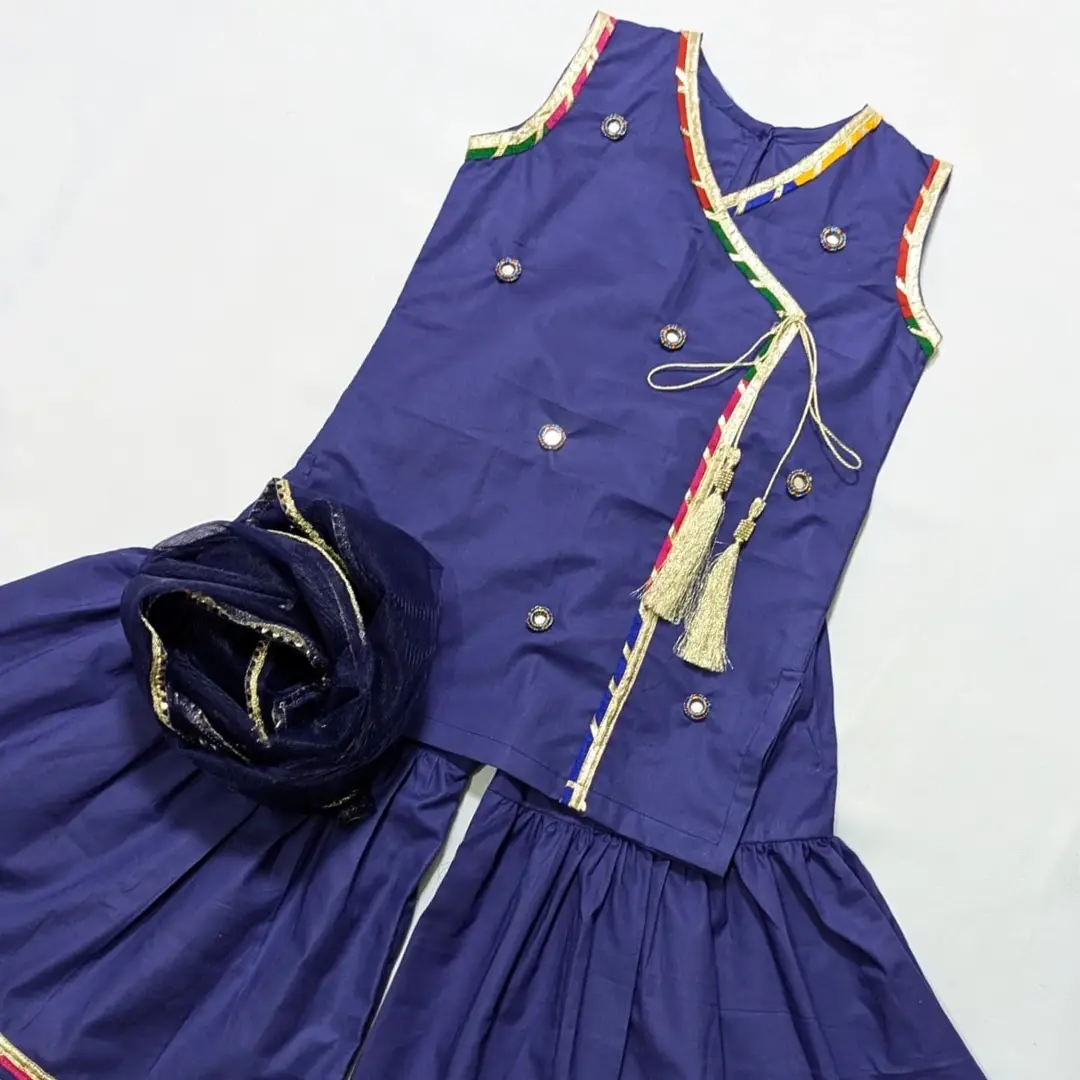 3 Pcs Girl's Cotton Plain Frock And Trouser Set