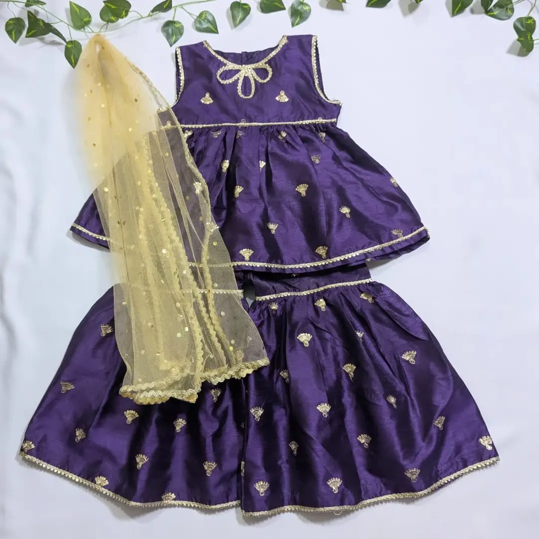 3 Pcs Fancy Girl's Katan Silk Frock And Trouser Set