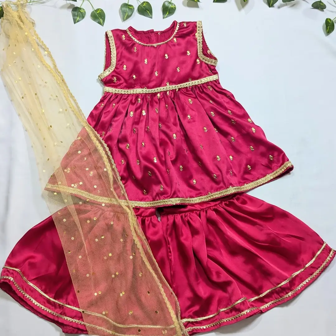 3 Pcs Fancy Girl's Silk Plain Frock And Trouser Set