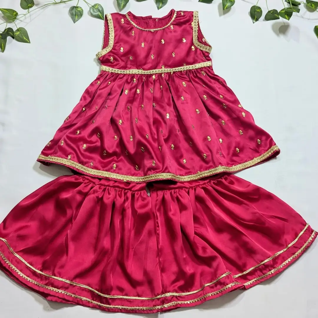 3 Pcs Fancy Girl's Silk Plain Frock And Trouser Set