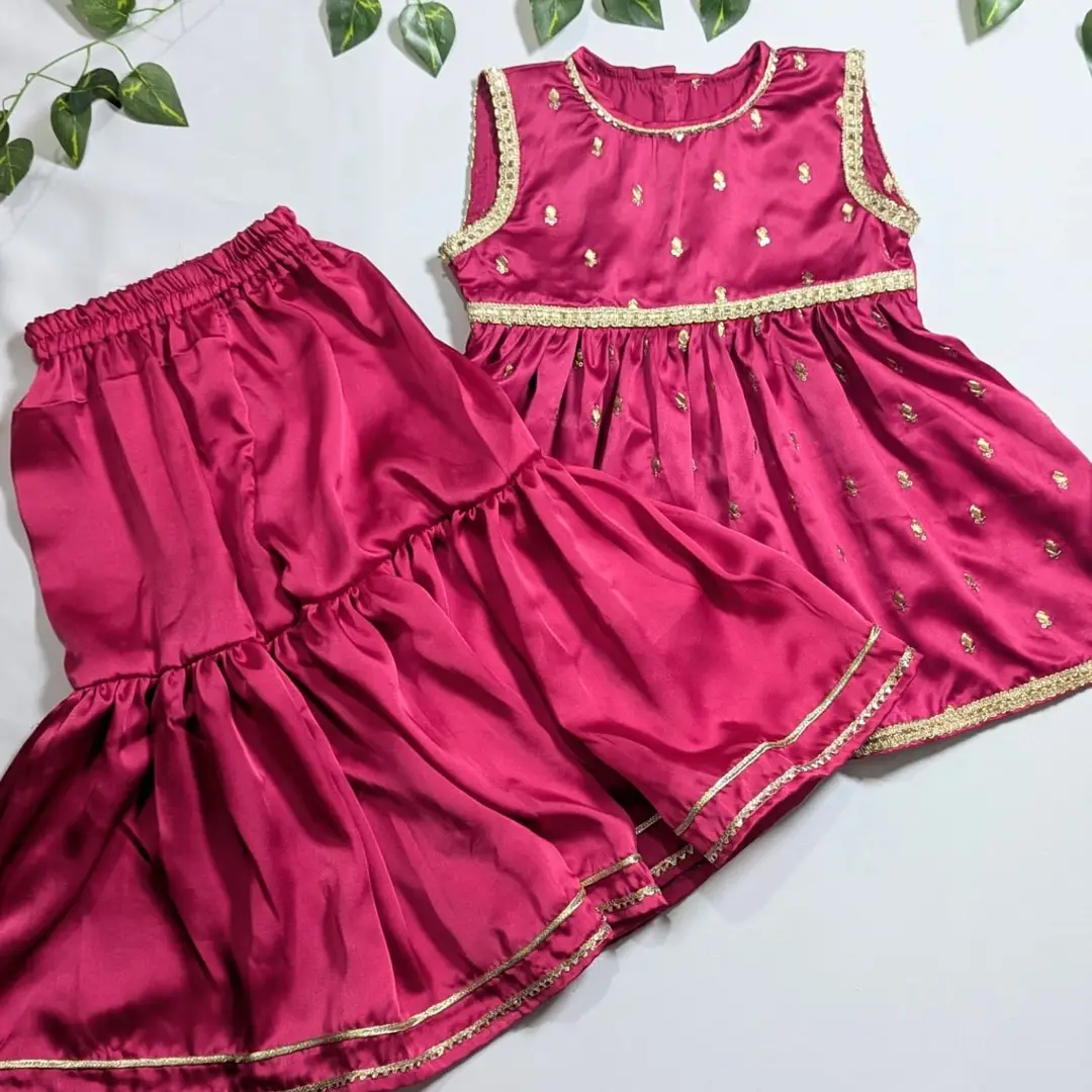 3 Pcs Fancy Girl's Silk Plain Frock And Trouser Set