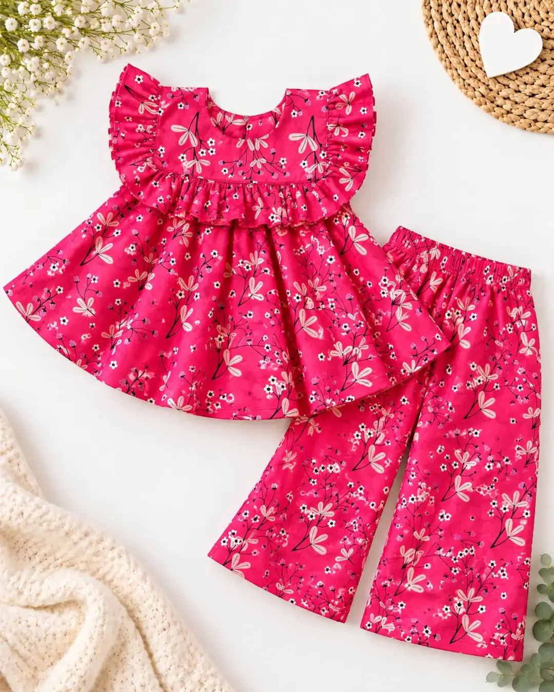 2 Pcs Girl's Lawn Printed Frock And Trouser Set