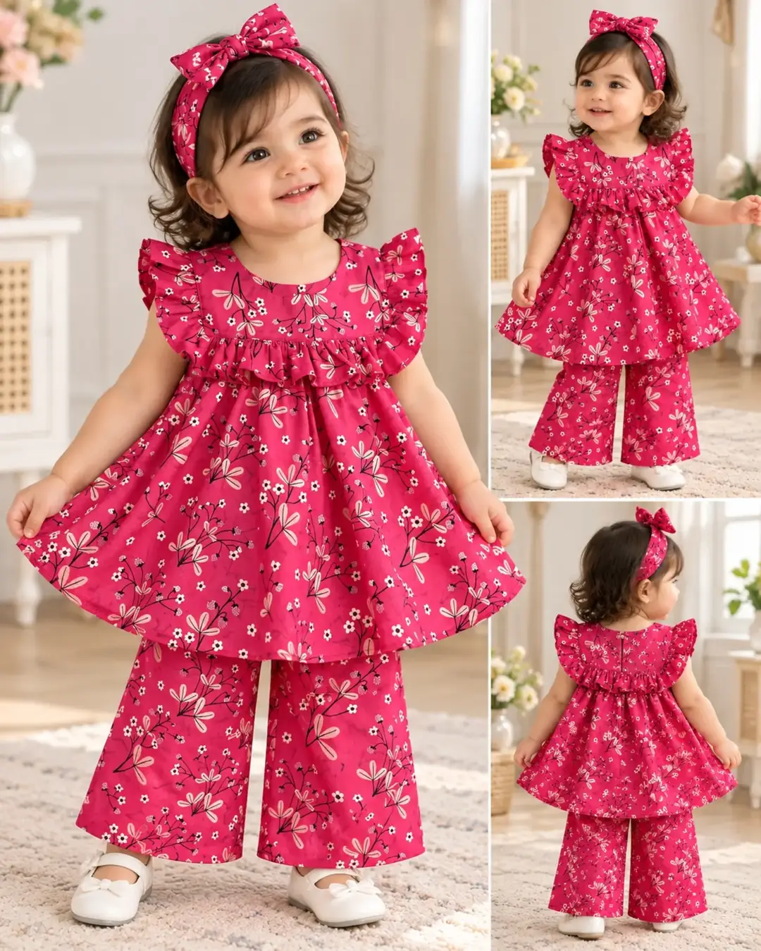 2 Pcs Girl's Lawn Printed Frock And Trouser Set