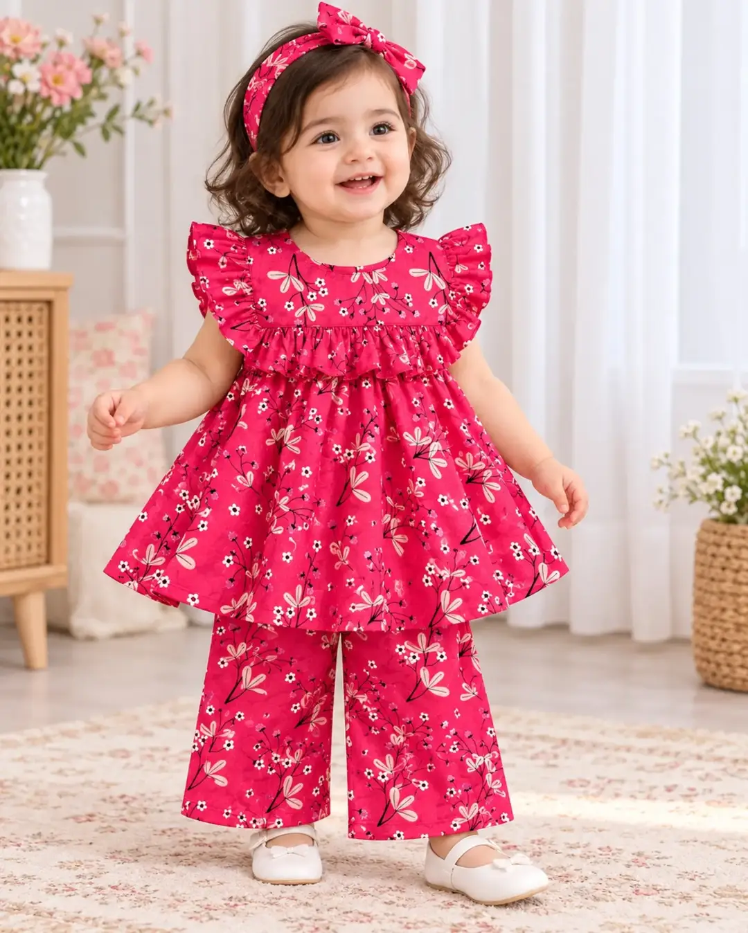 2 Pcs Girl's Lawn Printed Frock And Trouser Set
