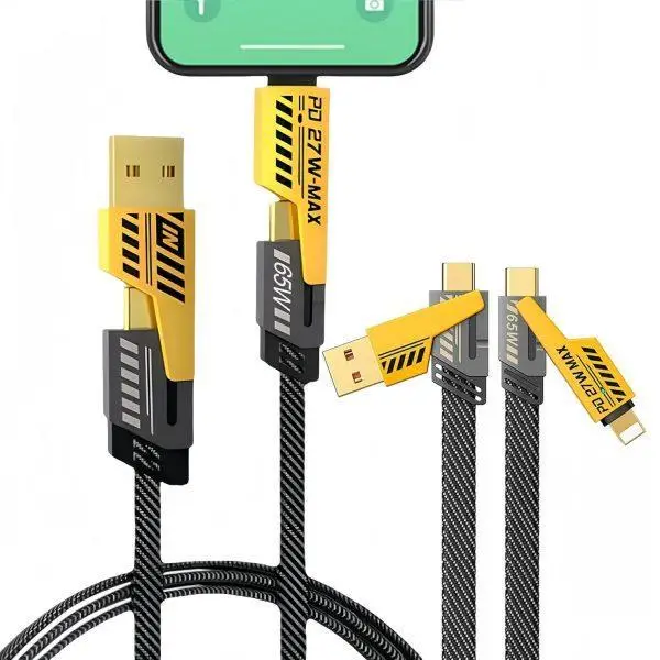 4 in 1 65W Fast Charging Cable and Data Synchronizer with Type-C/USB Type-A Lighting