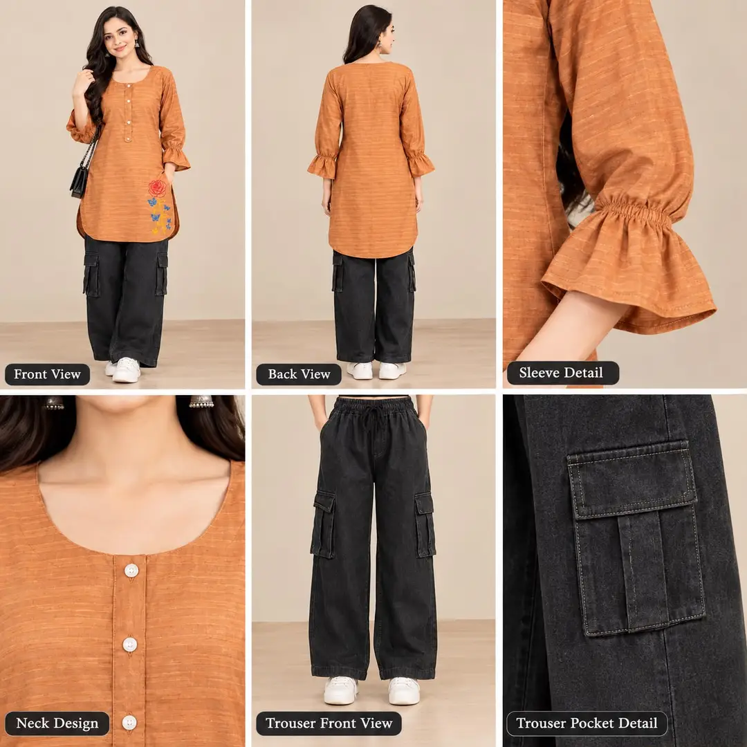 2 Pcs Women's Stitched Cotton Plain Shirt And Trouser