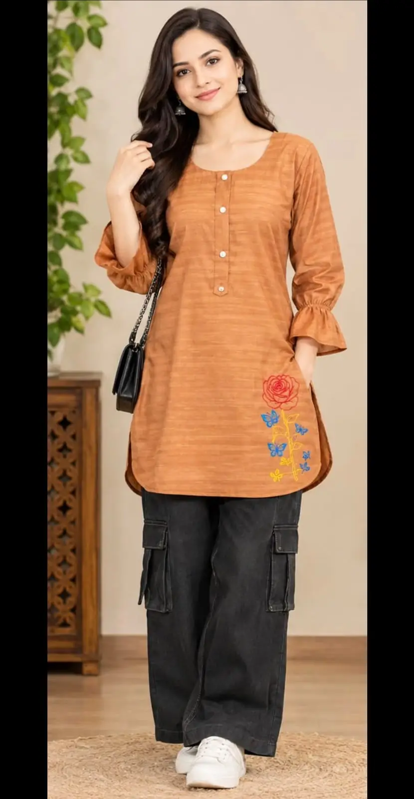 2 Pcs Women's Stitched Cotton Plain Shirt And Trouser