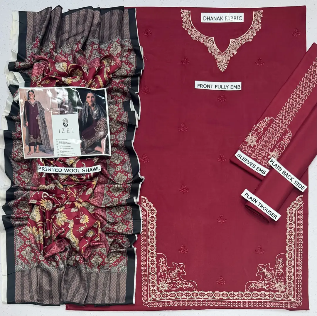 3 Pcs Women's Unstitched Embroidered Suit