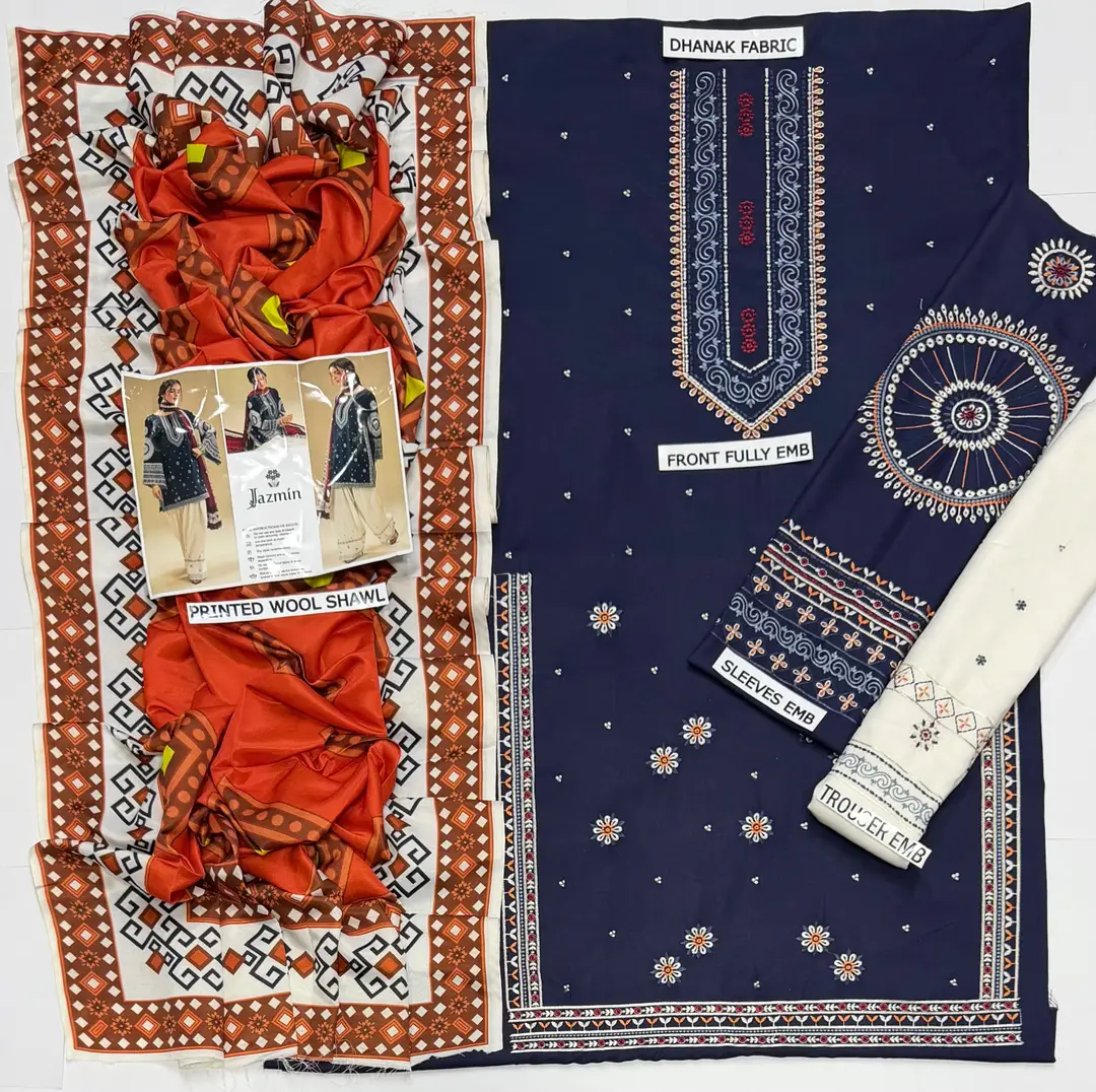 3 Pcs Women's Unstitched Embroidered Suit