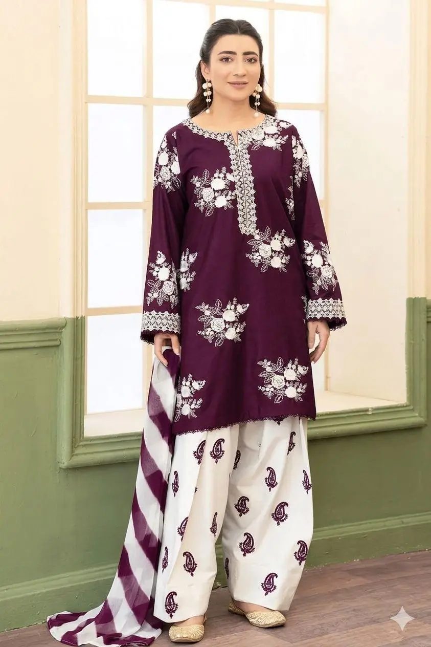3 Pcs Women's Unstitched Embroidered Suit