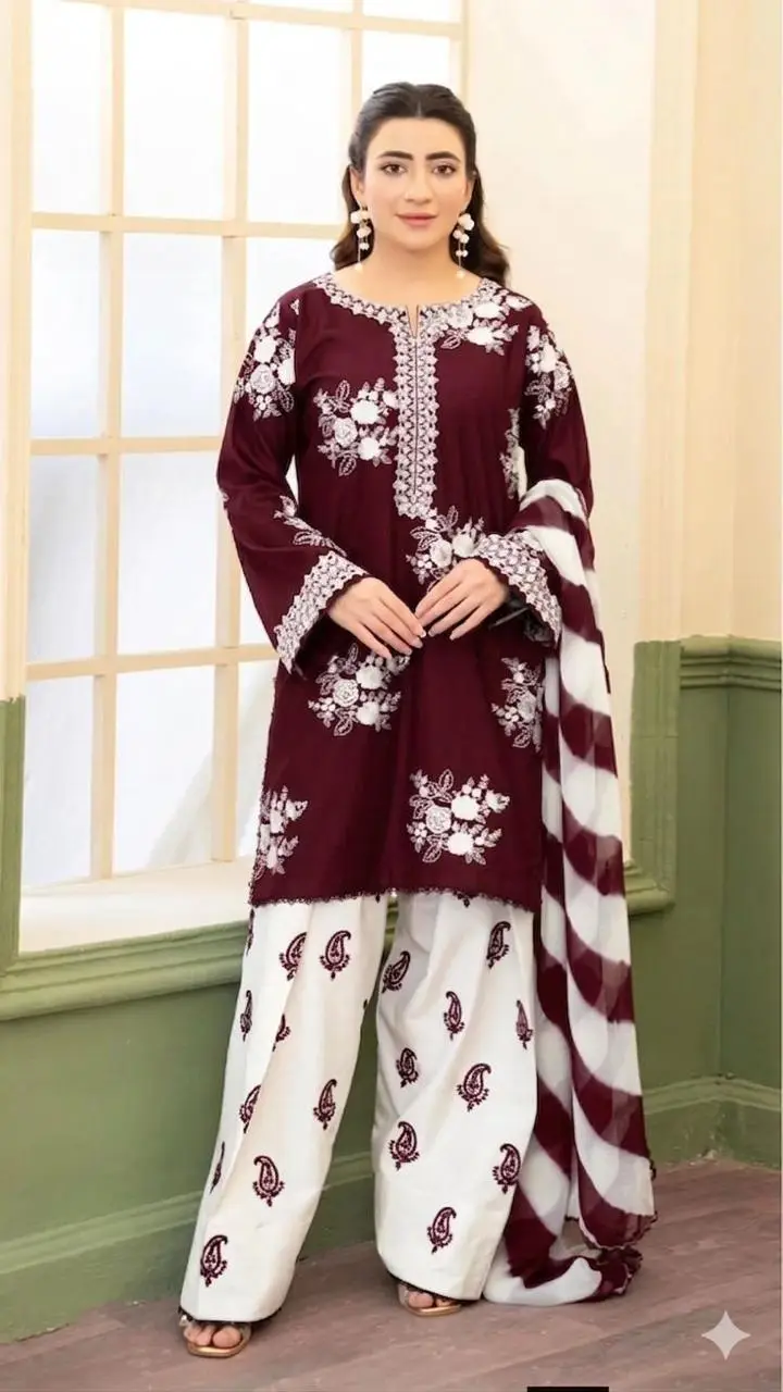 3 Pcs Women's Unstitched Embroidered Suit