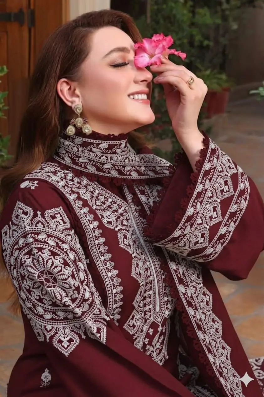 3 Pcs Women's Unstitched Embroidered Suit with wool shwl