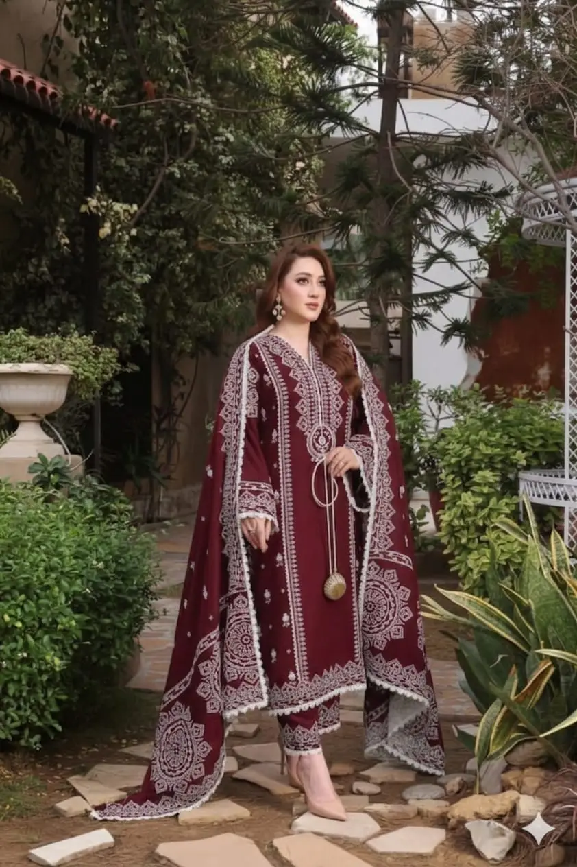 3 Pcs Women's Unstitched Embroidered Suit with wool shwl