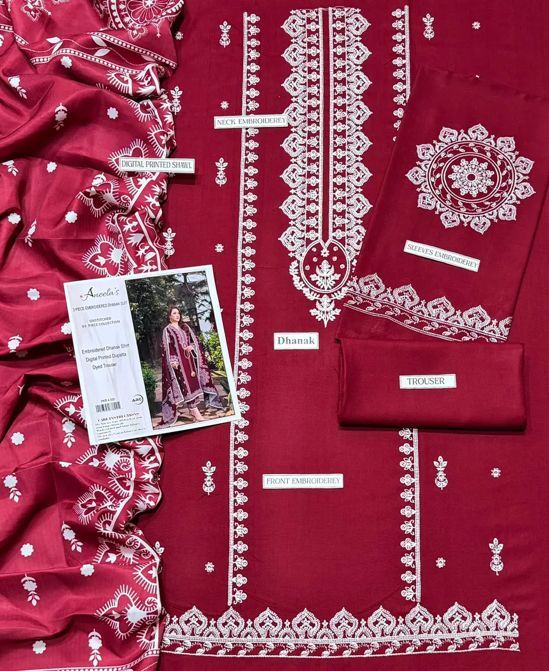 3 Pcs Women's Unstitched Embroidered Suit with wool shwl