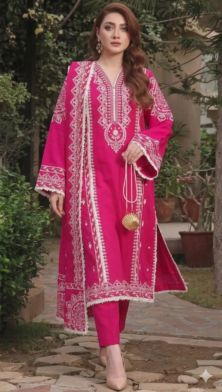 3 Pcs Women's Unstitched Embroidered Suit with wool shwl