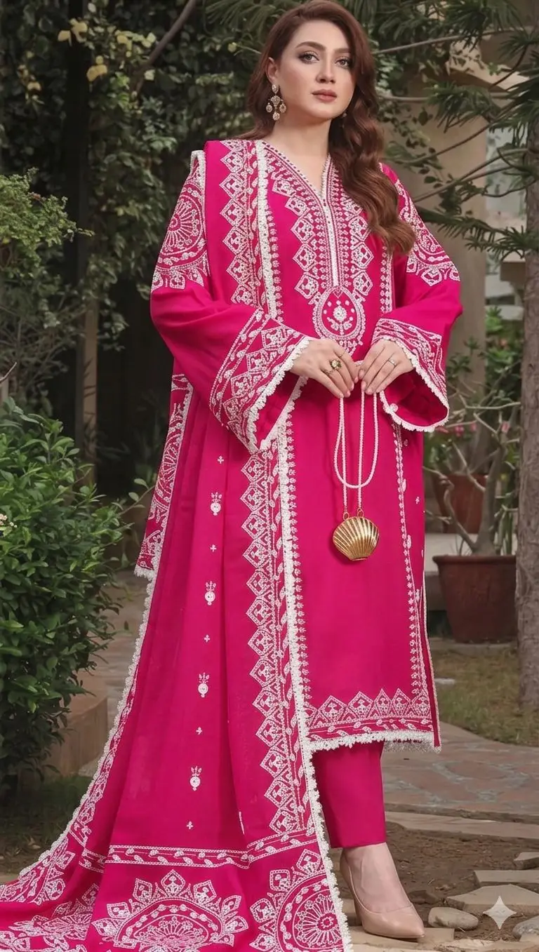 3 Pcs Women's Unstitched Embroidered Suit with wool shwl