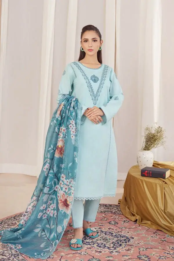 3 Pcs Women's Unstitched Sequins Embroidered sky blue Suit with printed wool shwal