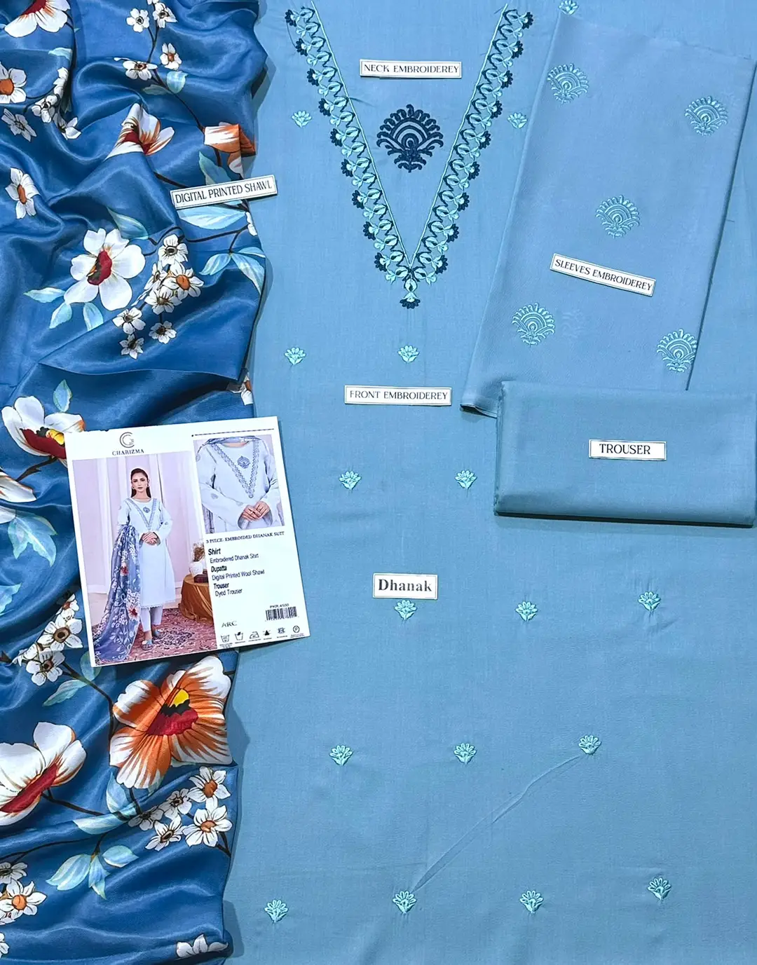 3 Pcs Women's Unstitched Sequins Embroidered sky blue Suit with printed wool shwal