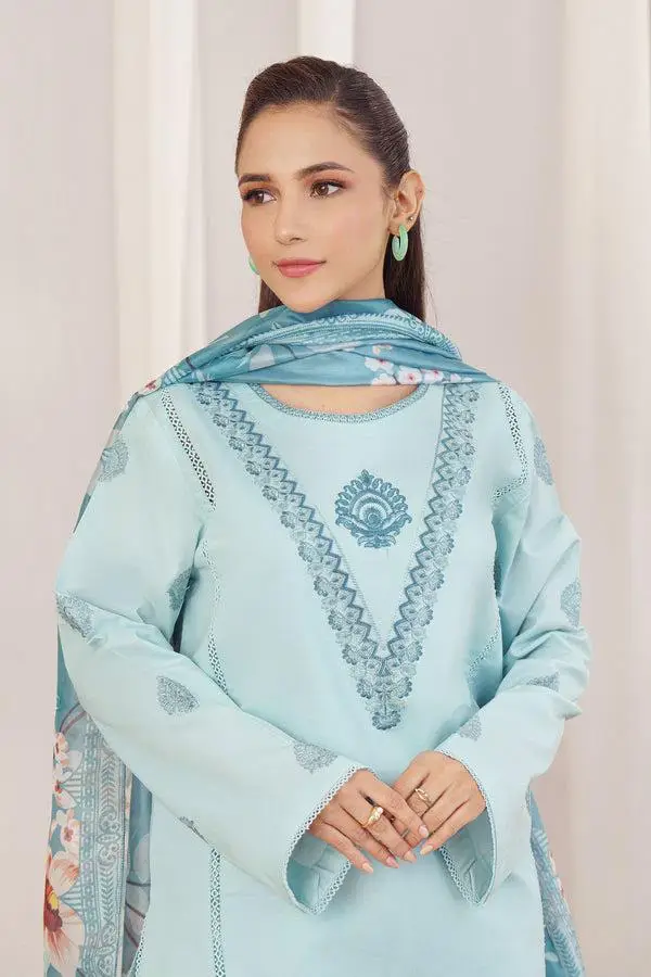 3 Pcs Women's Unstitched Sequins Embroidered sky blue Suit with printed wool shwal