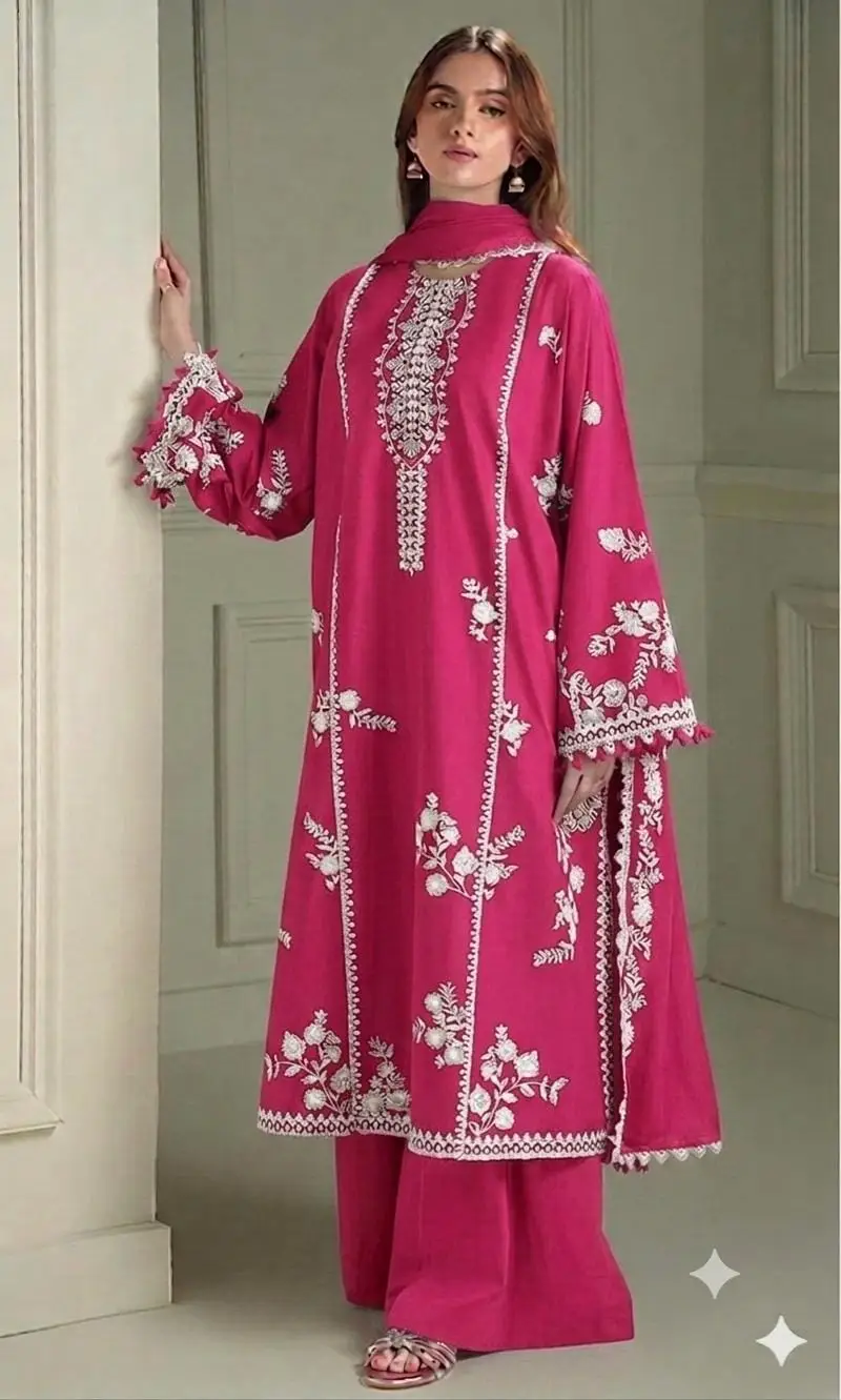 3 Pcs Women's Unstitched Embroidered Suit with wool shwl