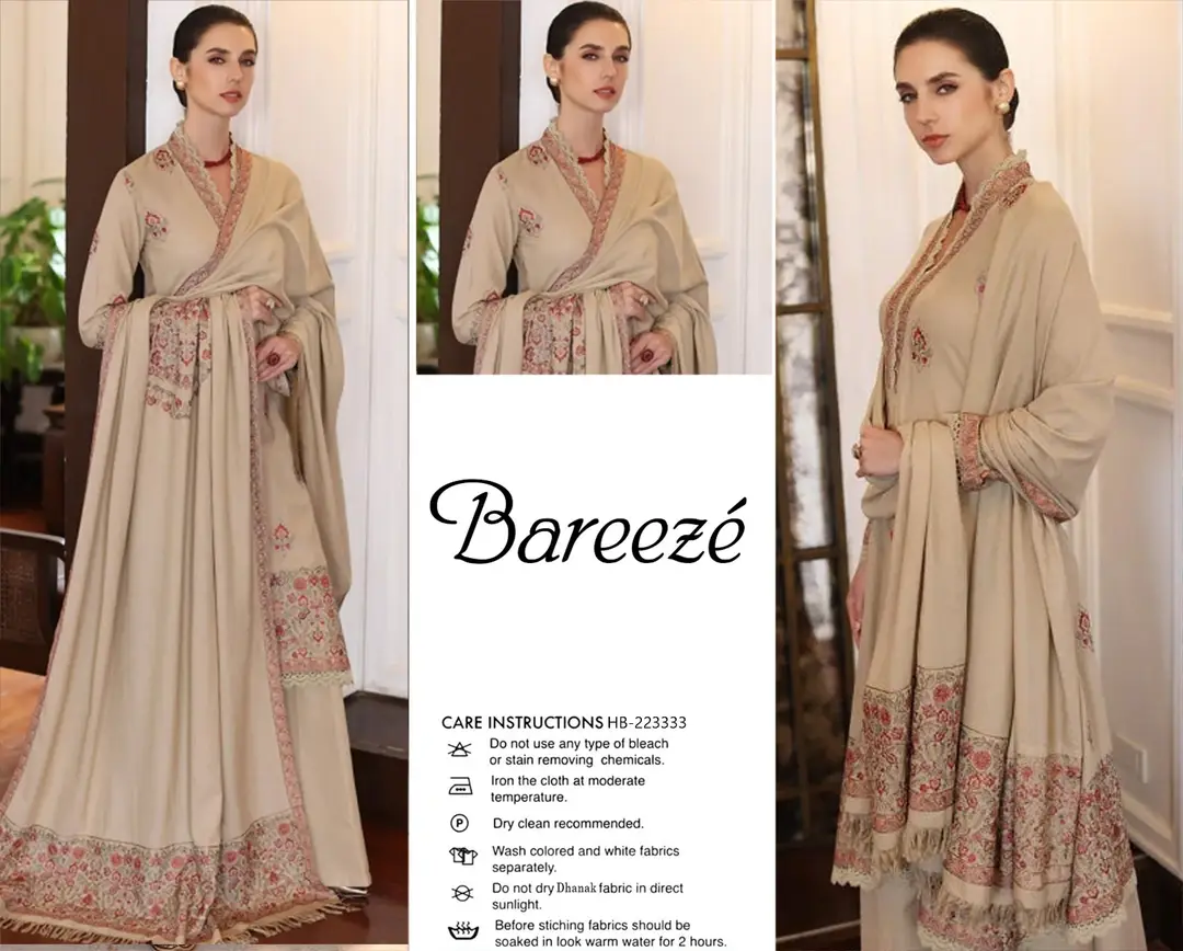 3 Pcs Women's Unstitched Embroidered Suit *BRAND: BAREEZ'E code hb