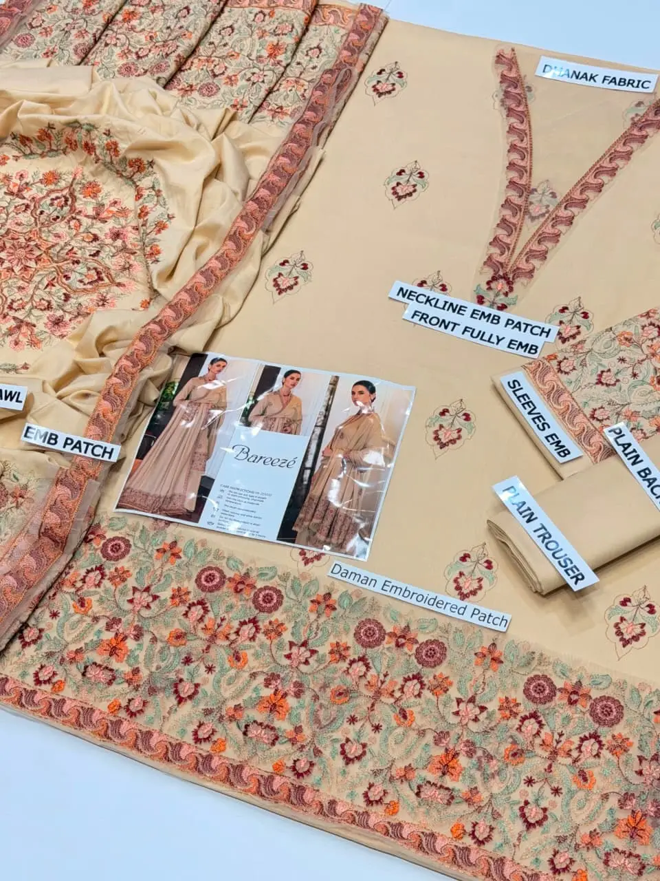 3 Pcs Women's Unstitched Embroidered Suit *BRAND: BAREEZ'E code hb