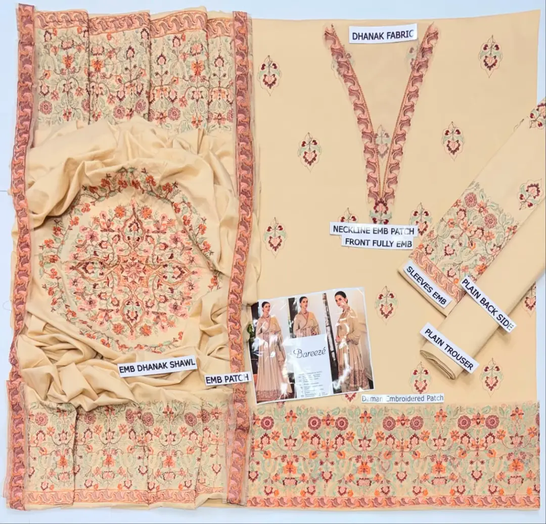 3 Pcs Women's Unstitched Embroidered Suit *BRAND: BAREEZ'E code hb