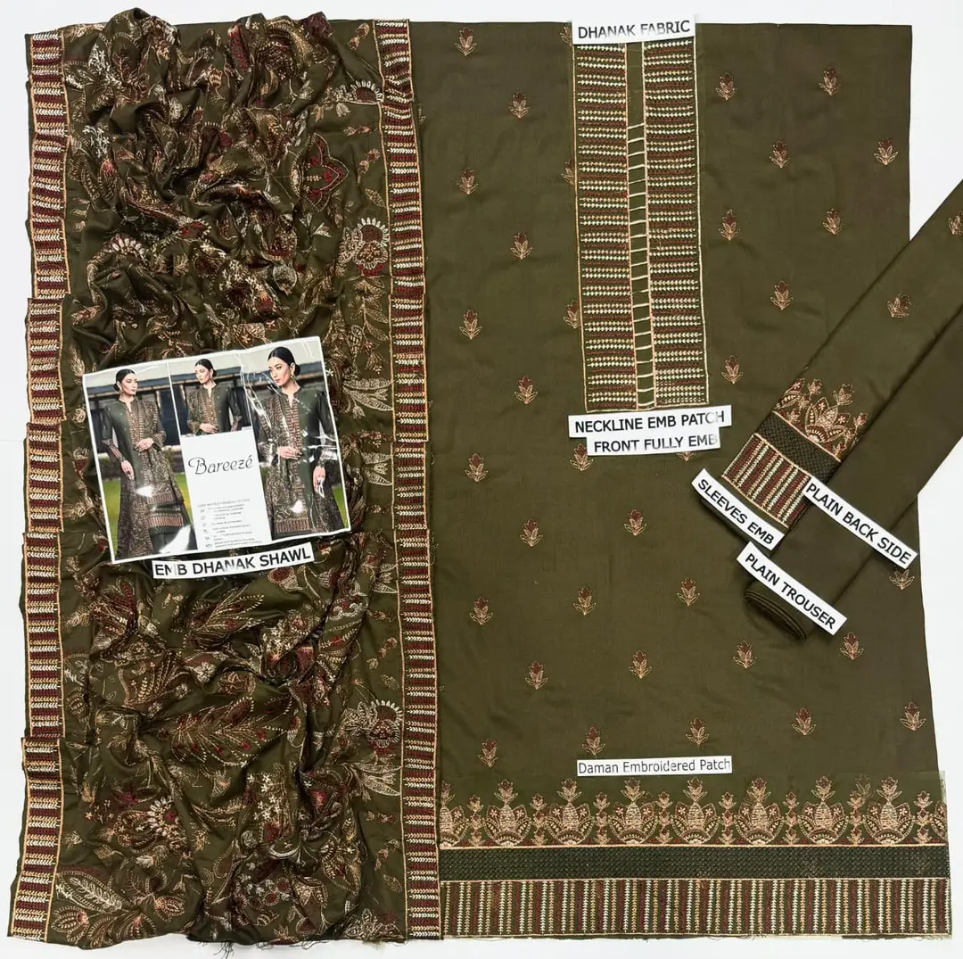 3 Pcs Women's Unstitched Embroidered Suit *BRAND: BAREEZ'E code hb
