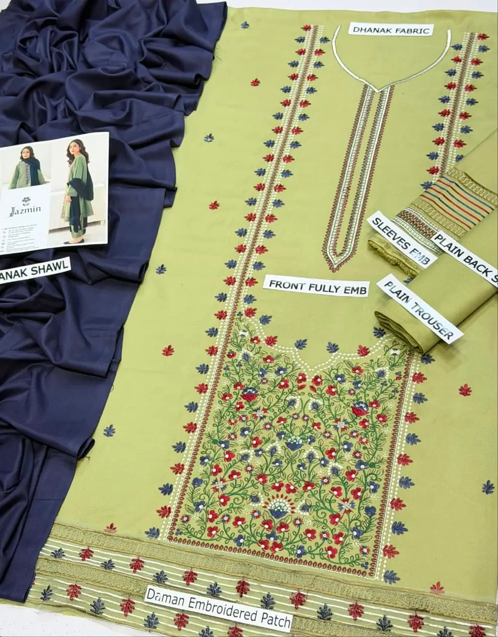 3 Pcs Women's Unstitched Embroidered Suit BRAND JAZMIN